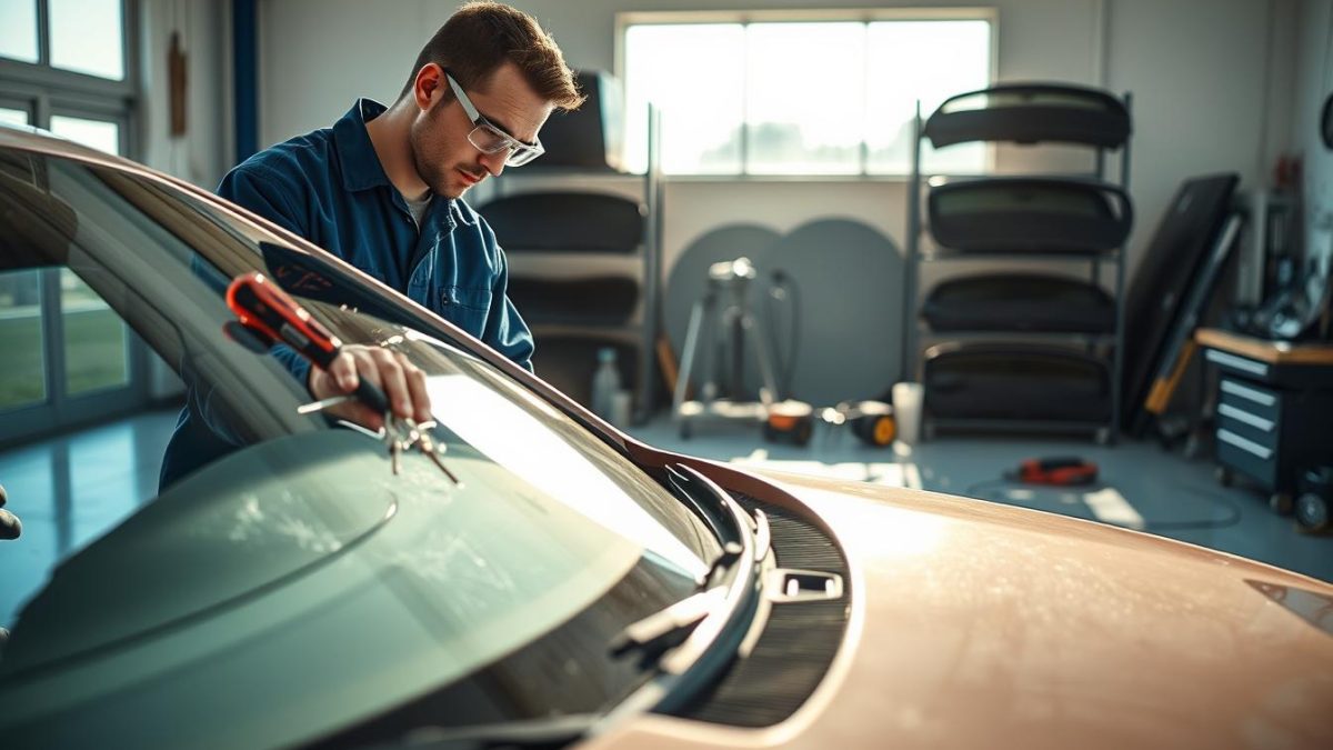 Auto glass technician working on windshield replacement in a repair shop, emphasizing affordable service quality in San Antonio.