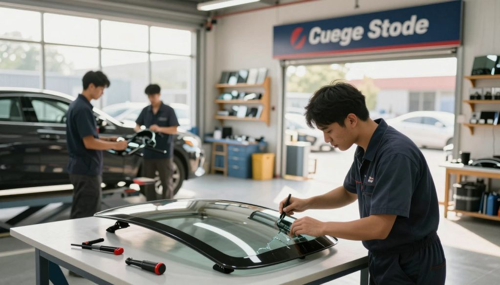 A bustling local auto glass service shop during daylight, with professionals in neat business attire examining a windshield. In the foreground, a technician carefully inspects a broken windshield, tools laid out by their side. The middle section features a clean workshop with a vehicle mounted on a repair platform and shelves lined with auto glass parts. In the background, a welcoming storefront showcases the business name prominently. Soft natural light streams in through large windows, casting a warm glow over the scene, evoking a sense of trust and professionalism. The overall mood conveys reliability and community engagement, highlighting the importance of local service providers in building a positive reputation.