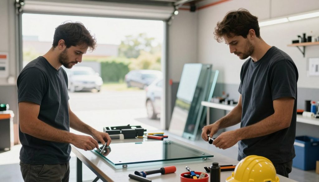 A busy auto glass repair shop, featuring two professional auto glass technicians in the foreground, dressed in smart, modest casual clothing, focused on preparing tools for a windshield replacement. The technician on the left is checking a glass panel while the technician on the right is organizing safety equipment. In the middle ground, a workstation is visible with various glass installation tools, adhesive, and a new windshield ready for installation. The background shows an open garage door revealing a sunny day outside. The scene is well-lit with natural light streaming in, creating a bright and inviting atmosphere. The angle captures a dynamic, action-oriented view, highlighting teamwork and preparation for the task ahead.