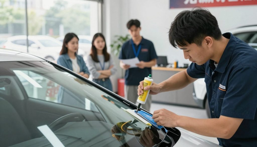 A busy auto service center specializing in windshield replacement. In the foreground, a technician in professional attire is replacing a windshield on a car, using high-quality tools and adhesives, showcasing precision and care. In the middle ground, customers are waiting in a clean, organized reception area, observing the process with interest. The background features large windows allowing natural light to flood the space, enhancing the atmosphere of efficiency and professionalism. Soft reflections of the cars and tools on polished surfaces create an inviting feel. The angle of the shot is slightly tilted to emphasize action and movement, while the overall mood is one of urgency balanced with attentive service, highlighting the importance of fast and safe drive-away times. A busy auto service center specializing in windshield replacement. In the foreground, a technician in professional attire is replacing a windshield on a car, using high-quality tools and adhesives, showcasing precision and care. In the middle ground, customers are waiting in a clean, organized reception area, observing the process with interest. The background features large windows allowing natural light to flood the space, enhancing the atmosphere of efficiency and professionalism. Soft reflections of the cars and tools on polished surfaces create an inviting feel. The angle of the shot is slightly tilted to emphasize action and movement, while the overall mood is one of urgency balanced with attentive service, highlighting the importance of fast and safe drive-away times.