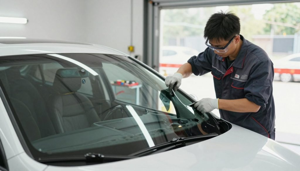 A busy automotive service center showcasing a same-day windshield replacement in action. In the foreground, a skilled technician, dressed in a professional uniform, meticulously installs a new windshield on a modern sedan. The technician wears safety glasses and gloves, emphasizing professionalism and care. In the middle ground, a well-organized work area is visible, with tools and equipment neatly arranged, enhancing the sense of efficiency. In the background, a bright garage space filled with natural light pouring in through large windows, creating an inviting atmosphere. Soft reflections on the car's glass highlight the clarity and precision of the installation process. The scene conveys a sense of urgency and expertise, emphasizing the concept of timely service in vehicle maintenance. A busy automotive service center showcasing a same-day windshield replacement in action. In the foreground, a skilled technician, dressed in a professional uniform, meticulously installs a new windshield on a modern sedan. The technician wears safety glasses and gloves, emphasizing professionalism and care. In the middle ground, a well-organized work area is visible, with tools and equipment neatly arranged, enhancing the sense of efficiency. In the background, a bright garage space filled with natural light pouring in through large windows, creating an inviting atmosphere. Soft reflections on the car's glass highlight the clarity and precision of the installation process. The scene conveys a sense of urgency and expertise, emphasizing the concept of timely service in vehicle maintenance.