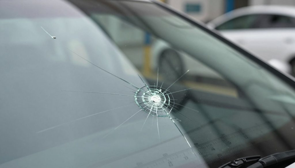A close-up image of a car windshield showing the intricate details of small chips and cracks, each marked with a ruler for size reference. In the foreground, a tiny chip is illuminated by soft, natural lighting to highlight its texture and depth, revealing the risks posed by such damage. The middle ground features multiple cracks radiating from the chip, illustrating various crack sizes, with a blurred background of a softly focused automotive repair shop. The atmosphere is professional, emphasizing the importance of windshield integrity, while the colors are neutral and calming, evoking a sense of caution. The camera angle is slightly tilted to give a dynamic perspective, focusing on the details of the glass surface. A close-up image of a car windshield showing the intricate details of small chips and cracks, each marked with a ruler for size reference. In the foreground, a tiny chip is illuminated by soft, natural lighting to highlight its texture and depth, revealing the risks posed by such damage. The middle ground features multiple cracks radiating from the chip, illustrating various crack sizes, with a blurred background of a softly focused automotive repair shop. The atmosphere is professional, emphasizing the importance of windshield integrity, while the colors are neutral and calming, evoking a sense of caution. The camera angle is slightly tilted to give a dynamic perspective, focusing on the details of the glass surface.