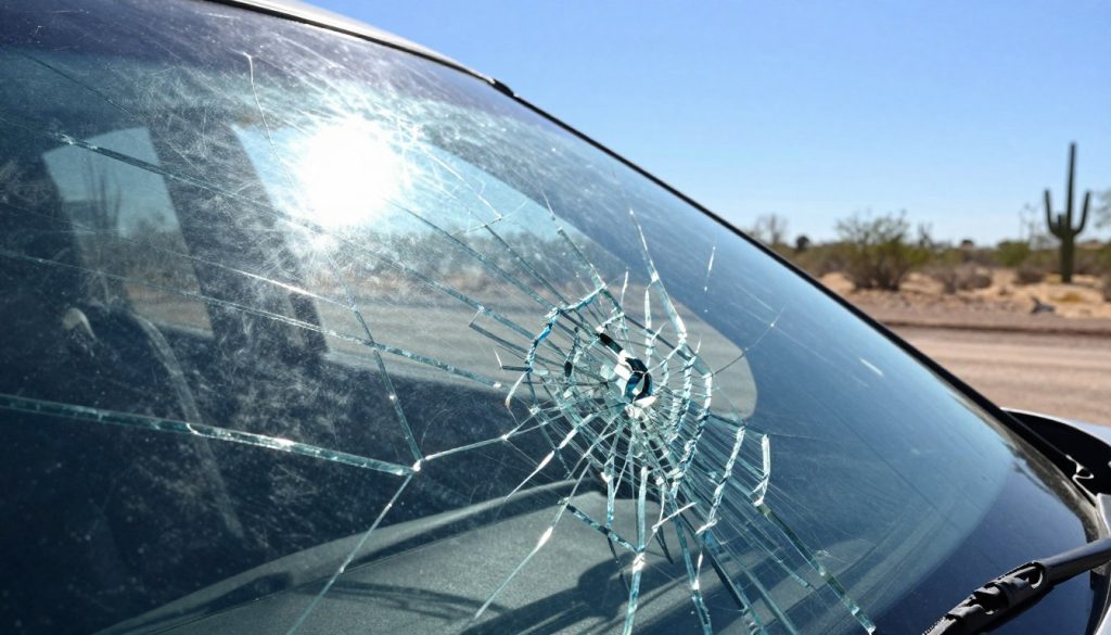 A close-up image of a cracked windshield under the harsh Texas sun, showcasing sharp, jagged fissures reflecting the intense heat. In the foreground, the cracked glass dominates the frame, with sunlight creating a shimmering distortion through the fractures. The middle ground captures the dry, parched landscape typical of a Texas summer, with heat waves visibly rising off the ground. In the background, a blinding blue sky and distant cacti add to the Texan atmosphere. The lighting is bright and harsh, emphasizing the midday sun, while the overall mood conveys the oppressive heat that exacerbates windshield damage. The angle is slightly tilted, giving a dynamic perspective to the windshield’s cracks while capturing the surrounding environment.