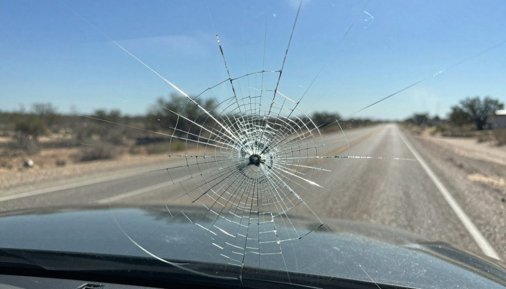 A close-up of a cracked windshield under the intense Texas sun, showcasing intricate spider-web like fractures radiating from a central impact point. In the foreground, the sharp details of the cracks are illuminated by the harsh, bright sunlight, creating a stark contrast against the reflective surface of the glass. The middle ground features a blurred view of a dusty Texas road, shimmering under the heat haze, suggesting a dry environment. In the background, an expansive blue sky hums with humidity, capturing the essence of a sweltering summer day. The overall mood is one of tension and stress, emphasizing the strain glass undergoes in high temperatures. The lighting is bright with sharp shadows, and the angle captures the intricate details of the glass while hinting at its vulnerability.