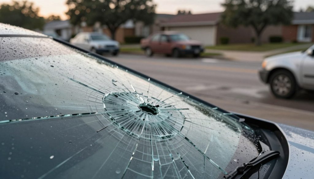 A close-up perspective of a damaged auto glass pane, scattered with jagged cracks and holes from a recent hailstorm. The foreground shows intricately detailed textures of splintered glass, glistening with droplets of rainwater, reflecting soft morning light. In the middle, a blurred backdrop features a suburban street in Texas, with a few weathered cars parked nearby, illustrating the aftermath of the storm. Gentle lighting brings warmth to the scene, contrasting the chaos of the shattered glass. The atmosphere feels tense yet serene, capturing the impact of nature's fury while hinting at the repair process that follows. Ensure all elements resonate with a professional tone, suitable for an informative article.