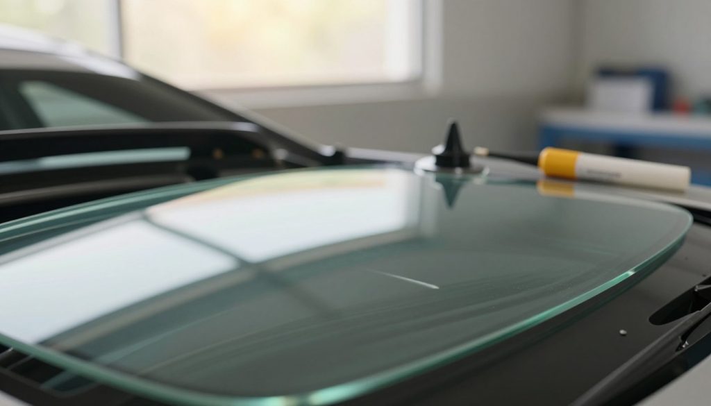 A close-up view of OEM quality automotive glass, showcasing its pristine surface and clarity. In the foreground, there's a gently illuminated windshield reflecting soft light, emphasizing its smooth texture. The middle ground features tools typically used for windshield repair, such as a glass suction cup and resin applicator, arranged neatly. The background includes a blurred workshop environment with soft natural lighting filtering through a window, creating a warm and professional atmosphere. The image should evoke a sense of reliability and quality, with a focus on the glass's importance for vehicle safety. The lens should be set for a shallow depth of field, highlighting the foreground while softening the workshop details. A close-up view of OEM quality automotive glass, showcasing its pristine surface and clarity. In the foreground, there's a gently illuminated windshield reflecting soft light, emphasizing its smooth texture. The middle ground features tools typically used for windshield repair, such as a glass suction cup and resin applicator, arranged neatly. The background includes a blurred workshop environment with soft natural lighting filtering through a window, creating a warm and professional atmosphere. The image should evoke a sense of reliability and quality, with a focus on the glass's importance for vehicle safety. The lens should be set for a shallow depth of field, highlighting the foreground while softening the workshop details.