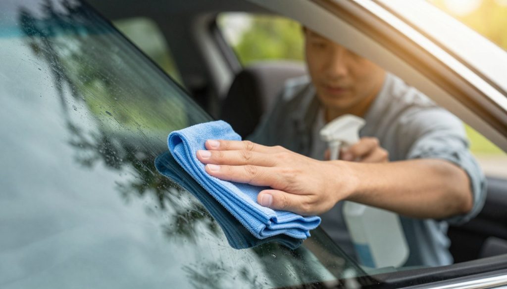 A close-up view of a car window being cleaned, featuring a person in modest casual clothing using a microfiber cloth and a spray bottle, demonstrating effective cleaning techniques. The foreground includes the glistening surface of the auto glass, reflecting nearby greenery and sunlight. In the middle ground, the person appears focused and engaged, with their hands gently wiping the window. The background shows a blurred car interior with soft sunlight filtering through, creating a warm, inviting atmosphere. The lighting is bright but not harsh, promoting a clean and fresh feel. The angle captures the action from slightly below eye level, emphasizing the cleanliness and clarity of the glass as it becomes streak-free.