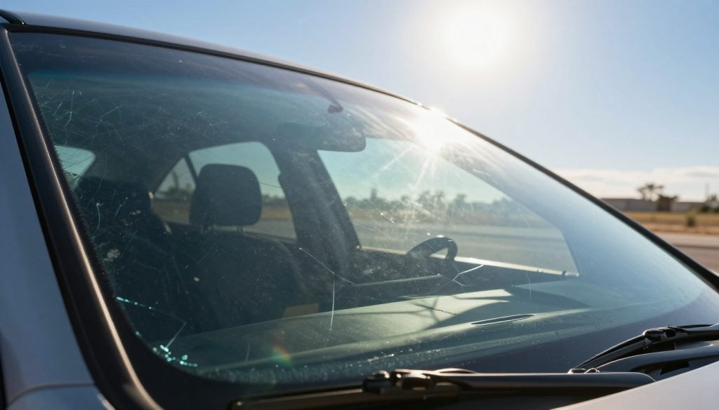 A close-up view of a car windshield under the intense Texas sun, showcasing the effects of UV rays on the glass. In the foreground, the glass is slightly cracked, with visible signs of wear like fading and discoloration at the edges. The middle layer reveals a sunny Texas landscape, with a heat haze shimmering in the air, emphasizing the harsh climate. The background features a clear blue sky with the sun positioned at a low angle, casting sharp shadows and creating a warm atmosphere. The overall mood is tense, highlighting the vulnerability of auto glass to extreme UV exposure. The lighting is bright and harsh, reflecting the midday sun, enhancing the sense of an unsettled, hot environment. A close-up view of a car windshield under the intense Texas sun, showcasing the effects of UV rays on the glass. In the foreground, the glass is slightly cracked, with visible signs of wear like fading and discoloration at the edges. The middle layer reveals a sunny Texas landscape, with a heat haze shimmering in the air, emphasizing the harsh climate. The background features a clear blue sky with the sun positioned at a low angle, casting sharp shadows and creating a warm atmosphere. The overall mood is tense, highlighting the vulnerability of auto glass to extreme UV exposure. The lighting is bright and harsh, reflecting the midday sun, enhancing the sense of an unsettled, hot environment.