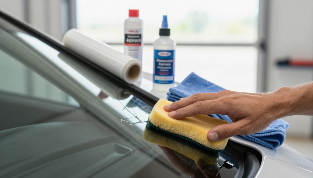 A close-up view of a car windshield with a small crack in the corner, surrounded by tools and products for crack prevention. In the foreground, show a hand applying a protective windshield treatment using a sponge, ensuring a realistic depiction of the application process. The middle ground should showcase various crack prevention items, such as a roll of clear adhesive film, a bottle of windshield repair resin, and a microfibre cloth. In the background, include a softly blurred garage setting with bright, natural light coming through a window, creating an atmosphere of safety and care. The angle is slightly tilted to emphasize the action happening in the foreground, conveying a sense of proactive maintenance and diligence in preserving vehicle glass.