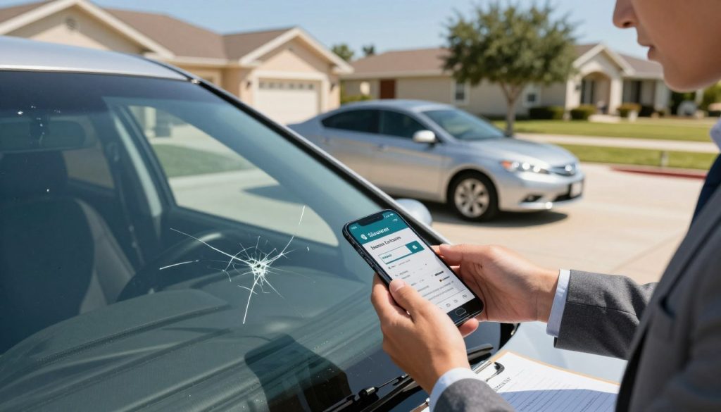 A close-up view of a car windshield with a visible crack, focusing on a hands-on approach to filing an insurance claim. In the foreground, a person in professional attire is examining the damage while holding a smartphone with a claims app open, symbolizing the digital submission process. In the middle ground, the car is parked in a well-lit, suburban driveway, and nearby, a clipboard with documents can be subtly seen, emphasizing meticulous record-keeping. The background features a sunny Texas neighborhood, with bright blue skies and well-maintained homes. The mood conveys urgency and professionalism, with warm, natural lighting enhancing the scene's clarity. Shot with a 50mm lens, slightly tilted to capture dynamic detail. A close-up view of a car windshield with a visible crack, focusing on a hands-on approach to filing an insurance claim. In the foreground, a person in professional attire is examining the damage while holding a smartphone with a claims app open, symbolizing the digital submission process. In the middle ground, the car is parked in a well-lit, suburban driveway, and nearby, a clipboard with documents can be subtly seen, emphasizing meticulous record-keeping. The background features a sunny Texas neighborhood, with bright blue skies and well-maintained homes. The mood conveys urgency and professionalism, with warm, natural lighting enhancing the scene's clarity. Shot with a 50mm lens, slightly tilted to capture dynamic detail.