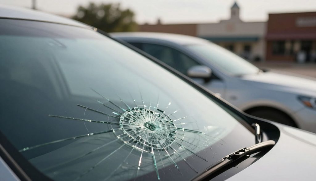 A close-up view of a cracked windshield on a parked car, showing intricate details of the damage, with sunlight gleaming off the glass to create reflections and highlights. In the foreground, the shattered glass should be prominently displayed, capturing the unique patterns of the breakage. In the middle ground, the car's sleek design should be partially visible, emphasizing its unblemished exterior in contrast to the broken glass. The background features a blurred cityscape of a Texas town, hinting at the legal context with subtle elements like a courthouse silhouette. The atmosphere is serious and contemplative, with soft, natural lighting to evoke a sense of concern and the importance of legal responsibility related to auto glass safety. A close-up view of a cracked windshield on a parked car, showing intricate details of the damage, with sunlight gleaming off the glass to create reflections and highlights. In the foreground, the shattered glass should be prominently displayed, capturing the unique patterns of the breakage. In the middle ground, the car's sleek design should be partially visible, emphasizing its unblemished exterior in contrast to the broken glass. The background features a blurred cityscape of a Texas town, hinting at the legal context with subtle elements like a courthouse silhouette. The atmosphere is serious and contemplative, with soft, natural lighting to evoke a sense of concern and the importance of legal responsibility related to auto glass safety.
