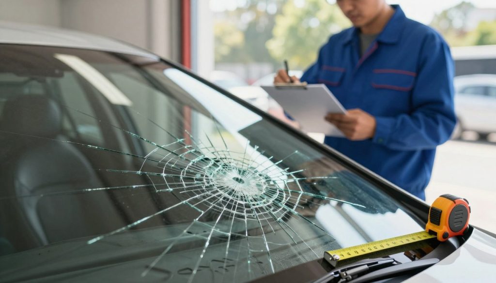 A close-up view of a cracked windshield, with intricate spiderweb-like fractures spreading across the glass surface, reflecting the sunlight. In the foreground, a measuring tape lies next to the assorted cracks to illustrate the idea of assessment. The middle ground captures a bright and professional auto repair shop setting, showcasing a technician in a blue work uniform inspecting the windshield with a clip board, as if evaluating repair costs. The background features a sunny day outside, with blurred trees, highlighting an inviting atmosphere. Soft, natural lighting enhances the scene, casting gentle shadows that emphasize the details of the cracks. The overall mood is one of inquiry and examination, conveying a sense of professionalism in discussing windshield repair myths. A close-up view of a cracked windshield, with intricate spiderweb-like fractures spreading across the glass surface, reflecting the sunlight. In the foreground, a measuring tape lies next to the assorted cracks to illustrate the idea of assessment. The middle ground captures a bright and professional auto repair shop setting, showcasing a technician in a blue work uniform inspecting the windshield with a clip board, as if evaluating repair costs. The background features a sunny day outside, with blurred trees, highlighting an inviting atmosphere. Soft, natural lighting enhances the scene, casting gentle shadows that emphasize the details of the cracks. The overall mood is one of inquiry and examination, conveying a sense of professionalism in discussing windshield repair myths.