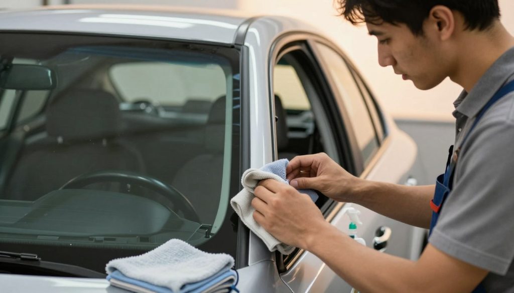 A close-up view of a newly repaired car window in a well-lit garage. In the foreground, a professional technician in modest casual clothing carefully inspecting the window seal with a soft cloth. The technician is focused and looking for any remaining imperfections, surrounded by tools like a glass cleaner and microfiber cloths. In the middle ground, a partially disassembled car interior can be seen, highlighting the details of the repair work. The background features warm lighting reflecting off the car's shiny surface, creating a calm and professional atmosphere. Soft shadows enhance the sense of depth, emphasizing the importance of post-repair care for vehicle maintenance. The overall mood is industrious and attentive, showcasing diligence in ensuring the repair is completed properly.