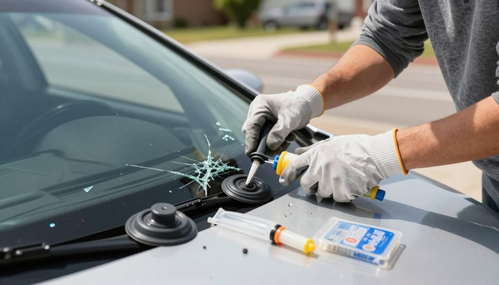 A close-up view of a person's hands performing a DIY windshield repair on a car, wearing modest casual clothing and safety gloves. The foreground features tools like a suction cup, resin injector, and repair kit neatly arranged, with small shards of broken glass scattered around. In the middle, the damaged windshield is prominently displayed, showing a noticeable crack that needs attention. The background includes a blurred view of a suburban street, providing context while keeping focus on the repair task. The lighting is bright and natural, simulating daylight, casting subtle shadows to enhance the atmosphere of a DIY project. The mood is tense yet determined, highlighting the risk and challenges of performing windshield repairs without professional assistance. A close-up view of a person's hands performing a DIY windshield repair on a car, wearing modest casual clothing and safety gloves. The foreground features tools like a suction cup, resin injector, and repair kit neatly arranged, with small shards of broken glass scattered around. In the middle, the damaged windshield is prominently displayed, showing a noticeable crack that needs attention. The background includes a blurred view of a suburban street, providing context while keeping focus on the repair task. The lighting is bright and natural, simulating daylight, casting subtle shadows to enhance the atmosphere of a DIY project. The mood is tense yet determined, highlighting the risk and challenges of performing windshield repairs without professional assistance.