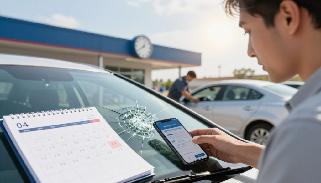 A close-up view of a professional looking at a cracked windshield, thoughtfully considering the timing of its replacement. In the foreground, display an open calendar with highlighted dates, alongside a smartphone showing insurance coverage options. The middle ground features a service center with a technician working on a vehicle, and a clock indicating time passing, symbolizing urgency. In the background, include a bright Texas sky with a hint of sunlight filtering through, creating a warm and hopeful atmosphere. The lighting should be soft and natural, suggesting an early afternoon. The overall mood is one of careful consideration and planning, suitable for a decision-making context. Avoid any text or branding in the image. A close-up view of a professional looking at a cracked windshield, thoughtfully considering the timing of its replacement. In the foreground, display an open calendar with highlighted dates, alongside a smartphone showing insurance coverage options. The middle ground features a service center with a technician working on a vehicle, and a clock indicating time passing, symbolizing urgency. In the background, include a bright Texas sky with a hint of sunlight filtering through, creating a warm and hopeful atmosphere. The lighting should be soft and natural, suggesting an early afternoon. The overall mood is one of careful consideration and planning, suitable for a decision-making context. Avoid any text or branding in the image.