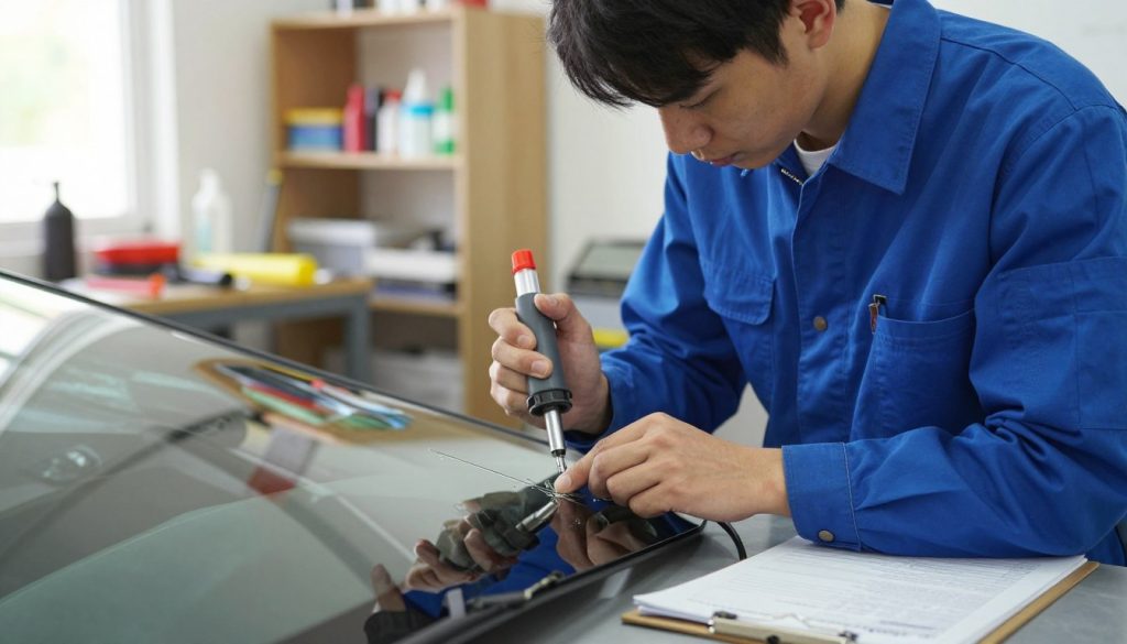 A close-up view of a professional technician in a bright workshop, carefully repairing a windshield with specialized tools. The technician, wearing a clean blue uniform, is focused on a small crack in the glass, using a resin injector. In the background, a well-organized workspace features shelves filled with repair supplies and tools, emphasizing efficiency and quality. Soft natural light filters through a nearby window, creating a warm and inviting atmosphere. On the workbench, there is a clipboard with neatly arranged paperwork, hinting at the process of navigating insurance claims and keeping costs low. The overall mood conveys professionalism and trust. No text, logos, or distractions.