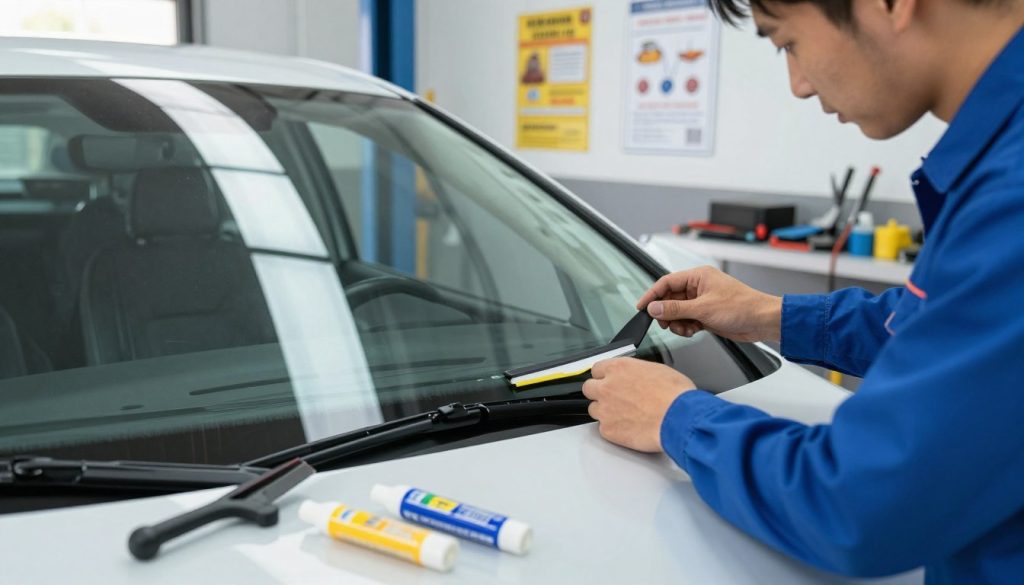 A close-up view of a professional technician in a well-lit auto service garage, meticulously inspecting a newly replaced windshield on a modern car. The technician, dressed in a crisp blue uniform, is analyzing the seal and clarity of the glass, embodying expertise. In the foreground, tools like a squeegee and adhesive tubes lay neatly arranged on a workbench, hinting at quality workmanship. The middle ground includes the gleaming vehicle with its pristine windshield framed against the backdrop of the garage, dotted with safety posters and tools. Soft, natural light filters through the garage windows, creating an optimistic and reassuring atmosphere, emphasizing the precision and care of windshield replacement—reflecting the importance of a lifetime warranty.
