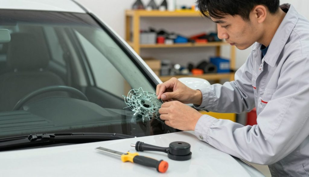A close-up view of a professional technician repairing a car's side window. The technician, dressed in clean, modest work attire, is focused on carefully replacing the shattered glass. In the foreground, tools such as a glass cutter and suction cups are arranged neatly. The middle ground showcases the car’s interior, partially visible with soft lighting highlighting the window frame, emphasizing attention to detail. In the background, the workshop is well-organized, featuring shelves of spare parts and tools, with warm ambient light creating a professional yet approachable atmosphere. The overall mood conveys urgency and care, illustrating the importance of timely repairs to ensure vehicle security. A close-up view of a professional technician repairing a car's side window. The technician, dressed in clean, modest work attire, is focused on carefully replacing the shattered glass. In the foreground, tools such as a glass cutter and suction cups are arranged neatly. The middle ground showcases the car’s interior, partially visible with soft lighting highlighting the window frame, emphasizing attention to detail. In the background, the workshop is well-organized, featuring shelves of spare parts and tools, with warm ambient light creating a professional yet approachable atmosphere. The overall mood conveys urgency and care, illustrating the importance of timely repairs to ensure vehicle security.