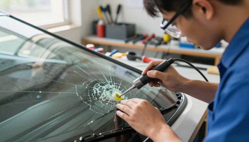 A close-up view of a professional technician restoring a long windshield crack in a bright, well-lit auto repair shop. The technician, dressed in a blue shirt and protective goggles, carefully applies a resin solution to the crack using specialized tools in a clean and organized workspace. In the foreground, focus on the technician's hands at work with the windshield reflecting some sunlight. In the middle, the cracked windshield shows detailed textures and the resin filling the cracks. The background features an array of tools and equipment neatly arranged, adding depth to the scene. The atmosphere is one of concentration and expertise, highlighting the skill involved in windshield restoration. Natural light streams from a nearby window, creating a warm and inviting ambiance. A close-up view of a professional technician restoring a long windshield crack in a bright, well-lit auto repair shop. The technician, dressed in a blue shirt and protective goggles, carefully applies a resin solution to the crack using specialized tools in a clean and organized workspace. In the foreground, focus on the technician's hands at work with the windshield reflecting some sunlight. In the middle, the cracked windshield shows detailed textures and the resin filling the cracks. The background features an array of tools and equipment neatly arranged, adding depth to the scene. The atmosphere is one of concentration and expertise, highlighting the skill involved in windshield restoration. Natural light streams from a nearby window, creating a warm and inviting ambiance.
