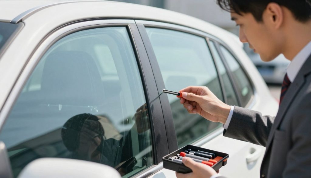 A close-up view of a side car window being inspected by a professional in a business attire, focusing on the glass's high-quality and safety features. In the foreground, the expert is holding a small toolkit with safety equipment, while carefully examining the window. The middle ground shows the vehicle's side profile with well-maintained windows, reflecting a sunny day, enhancing the visibility of the glass. The background features a soft blurred urban environment, suggesting a secure setting. Utilize bright, natural lighting to create a clear and informative atmosphere, highlighting the importance of auto glass integrity for vehicle security. Shot from a slightly elevated angle to capture both the window and the subject's focused expression. A close-up view of a side car window being inspected by a professional in a business attire, focusing on the glass's high-quality and safety features. In the foreground, the expert is holding a small toolkit with safety equipment, while carefully examining the window. The middle ground shows the vehicle's side profile with well-maintained windows, reflecting a sunny day, enhancing the visibility of the glass. The background features a soft blurred urban environment, suggesting a secure setting. Utilize bright, natural lighting to create a clear and informative atmosphere, highlighting the importance of auto glass integrity for vehicle security. Shot from a slightly elevated angle to capture both the window and the subject's focused expression.