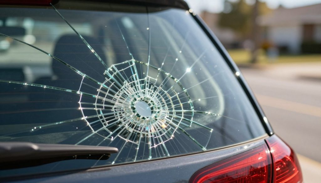 A close-up view of shattered rear glass from a vehicle, showcasing jagged shards and intricate patterns of cracks reflecting light. In the foreground, sharp glass pieces glisten with a gradient of colors caused by sunlight creating a sparkly effect, emphasizing the fragility and dangerous beauty of broken glass. The middle ground features a slightly blurred outline of a car's rear interior, hinting at the vehicle's presence without being too defined. In the background, soft bokeh effects represent an out-of-focus suburban street with gentle, warm sunlight filtering through. The overall atmosphere conveys a sense of urgency and concern for safety, reminding viewers of the importance of quick repairs following damage. The image is well-lit, with a focus on reflective surfaces, using a shallow depth of field to draw attention to the shattered glass. A close-up view of shattered rear glass from a vehicle, showcasing jagged shards and intricate patterns of cracks reflecting light. In the foreground, sharp glass pieces glisten with a gradient of colors caused by sunlight creating a sparkly effect, emphasizing the fragility and dangerous beauty of broken glass. The middle ground features a slightly blurred outline of a car's rear interior, hinting at the vehicle's presence without being too defined. In the background, soft bokeh effects represent an out-of-focus suburban street with gentle, warm sunlight filtering through. The overall atmosphere conveys a sense of urgency and concern for safety, reminding viewers of the importance of quick repairs following damage. The image is well-lit, with a focus on reflective surfaces, using a shallow depth of field to draw attention to the shattered glass.