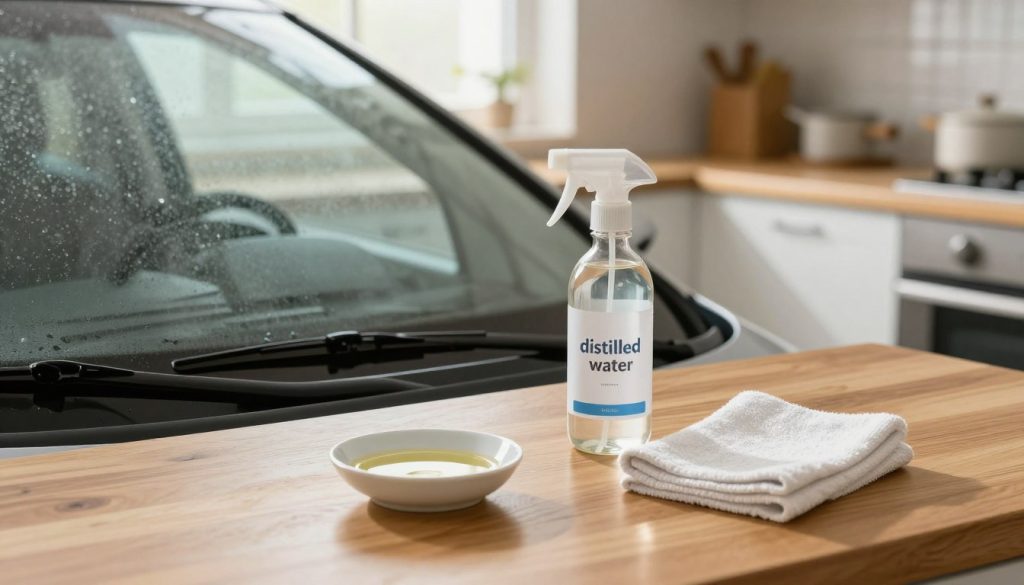 A cozy kitchen scene featuring a wooden table adorned with common home remedies for preventing car windshield fog. In the foreground, there are various items such as a small dish of vinegar, a spray bottle labeled "distilled water," and a clean microfiber cloth. In the middle ground, a car can be seen parked near the window, showing its slightly fogged windshield, creating a contrast against the organized remedies. The background features a warmly lit window with soft natural light streaming in, highlighting the kitchen ambiance. The mood is calm and informative, evoking a sense of practicality and everyday solutions for vehicle care during humid weather. The angle is slightly elevated, providing a clear view of both the remedies and the car's windshield. A cozy kitchen scene featuring a wooden table adorned with common home remedies for preventing car windshield fog. In the foreground, there are various items such as a small dish of vinegar, a spray bottle labeled "distilled water," and a clean microfiber cloth. In the middle ground, a car can be seen parked near the window, showing its slightly fogged windshield, creating a contrast against the organized remedies. The background features a warmly lit window with soft natural light streaming in, highlighting the kitchen ambiance. The mood is calm and informative, evoking a sense of practicality and everyday solutions for vehicle care during humid weather. The angle is slightly elevated, providing a clear view of both the remedies and the car's windshield.