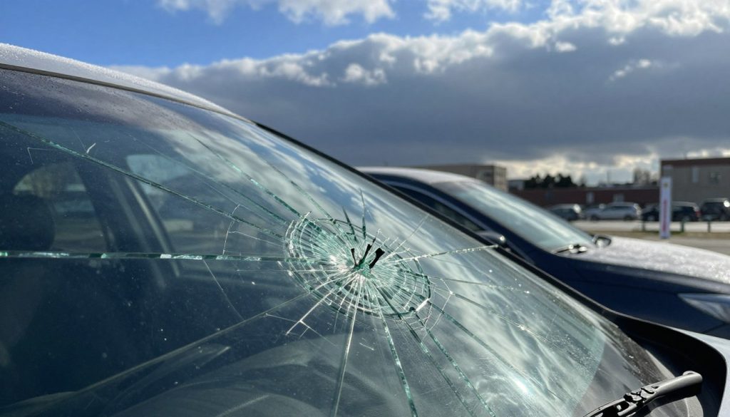 A detailed close-up image of a cracked windshield, emphasizing the fracture lines that are visibly spreading. In the foreground, show the cracks highlighted by bright sunlight reflecting off the glass surface, creating a sense of urgency. In the middle ground, include a car with ice melting on the surface, symbolizing temperature fluctuations, and perhaps a thermometer showing extreme cold temperatures. In the background, depict a blurred cityscape with a clear blue sky transitioning to a stormy one, representing fluctuating weather conditions. Use soft natural lighting to enhance the details of the glass, and capture the image from a low angle to emphasize the severity of the cracks, conveying a mood of concern and immediacy.