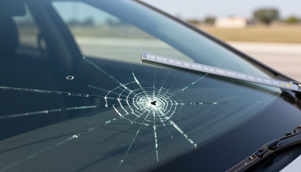 A detailed close-up of a cracked windshield, focusing on the distinction between minor chips and major cracks. The foreground features a fine crack branching out in a spiderweb pattern with a smaller chip nearby, both highlighted by soft, natural lighting cascading from the side. The middle ground showcases a measurement tool, like a ruler, placed alongside the cracks for scale, indicating the severity of the damage. The background features a softly blurred view of a sunny Texas landscape outside the car, conveying a clear day’s atmosphere. The image should be crisp and detailed, with a slight depth of field to emphasize the windshield while maintaining a professional and informative mood. A detailed close-up of a cracked windshield, focusing on the distinction between minor chips and major cracks. The foreground features a fine crack branching out in a spiderweb pattern with a smaller chip nearby, both highlighted by soft, natural lighting cascading from the side. The middle ground showcases a measurement tool, like a ruler, placed alongside the cracks for scale, indicating the severity of the damage. The background features a softly blurred view of a sunny Texas landscape outside the car, conveying a clear day’s atmosphere. The image should be crisp and detailed, with a slight depth of field to emphasize the windshield while maintaining a professional and informative mood.