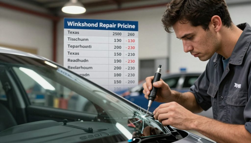 A detailed image illustrating the concept of windshield repair pricing in Texas. In the foreground, display a clear glass windshield with a visible crack being expertly repaired by a technician dressed in a professional business attire. The technician is focusing intently on the repair process, using specialized tools. In the middle ground, place a stylized price list, showcasing varying costs for repair services across different regions of Texas, subtly artistically integrated into the scene. The background features an automotive workshop, softly lit with warm overhead lights, emphasizing a professional atmosphere. The mood should be informative and focused, conveying a sense of expertise and reliability in the auto repair industry. Use an angle that captures the technician's hands at work while providing a sense of the overall setting. A detailed image illustrating the concept of windshield repair pricing in Texas. In the foreground, display a clear glass windshield with a visible crack being expertly repaired by a technician dressed in a professional business attire. The technician is focusing intently on the repair process, using specialized tools. In the middle ground, place a stylized price list, showcasing varying costs for repair services across different regions of Texas, subtly artistically integrated into the scene. The background features an automotive workshop, softly lit with warm overhead lights, emphasizing a professional atmosphere. The mood should be informative and focused, conveying a sense of expertise and reliability in the auto repair industry. Use an angle that captures the technician's hands at work while providing a sense of the overall setting.