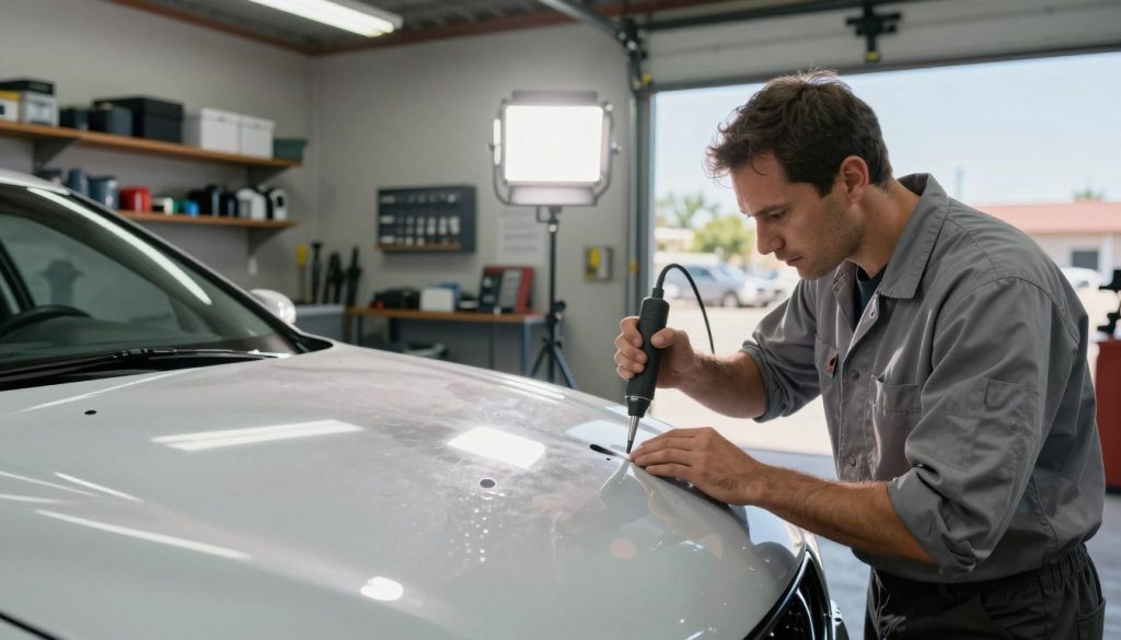 A detailed scene depicting a hail damage repair process on a car in a professional auto body shop. In the foreground, a skilled technician in a clean, professional uniform inspects a car hood with noticeable hail dents, using a specialized tool for repair. In the middle ground, bright task lighting illuminates the shop, highlighting the technician's focused expression and the shiny repair equipment surrounding them. In the background, various auto parts and tools are neatly organized on shelves, with an open garage door revealing a clear Texas sky. The atmosphere is methodical and industrious, conveying a sense of professionalism and expertise in handling hail damage. The angle of the shot is slightly above eye level, creating depth and emphasizing the repair process without distractions.