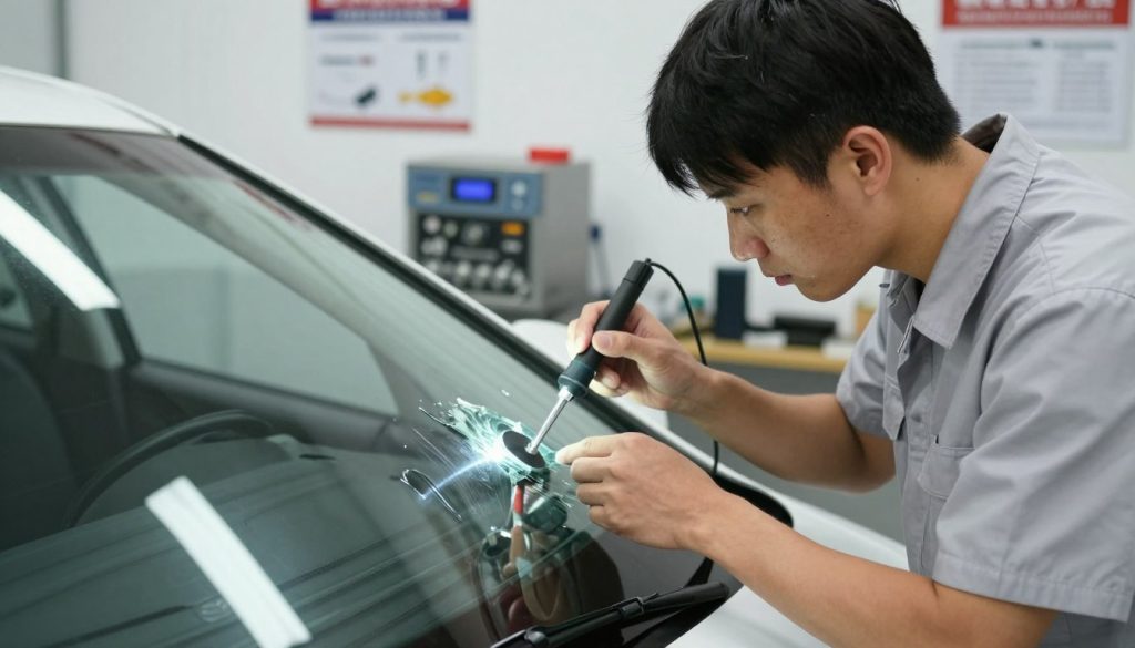 A focused scene showing an auto glass technician professionally repairing a chip on a windshield, using specialized tools and materials. In the foreground, the technician, dressed in a clean uniform, is intently examining the chip, with a bright LED light illuminating the area for clarity. The middle ground features the vehicle, highlighting the windshield with visible details of the chip being treated. The background shows a well-organized workshop with various glass repair equipment and safety posters. The lighting is bright and even, creating a sense of urgency and professionalism. The atmosphere is brisk and efficient, reflecting the critical nature of emergency repair services for auto glass maintenance.
