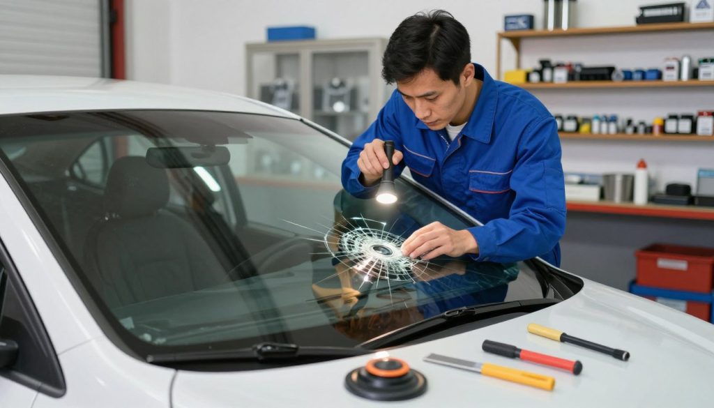 A mechanic in a professional blue jumpsuit, carefully inspecting a cracked windshield of a modern sedan in a well-lit garage. In the foreground, tools such as a suction cup and a scraper are neatly arranged on a workbench, highlighting the maintenance theme. The middle layer features the mechanic, focused and precise, as he assesses the damage with a flashlight, casting soft, warm lighting that enhances the reflective surface of the glass. In the background, shelves of auto parts and a well-organized workspace provide context without distraction. The overall atmosphere is one of professionalism and diligence, emphasizing the importance of proper vehicle maintenance. A mechanic in a professional blue jumpsuit, carefully inspecting a cracked windshield of a modern sedan in a well-lit garage. In the foreground, tools such as a suction cup and a scraper are neatly arranged on a workbench, highlighting the maintenance theme. The middle layer features the mechanic, focused and precise, as he assesses the damage with a flashlight, casting soft, warm lighting that enhances the reflective surface of the glass. In the background, shelves of auto parts and a well-organized workspace provide context without distraction. The overall atmosphere is one of professionalism and diligence, emphasizing the importance of proper vehicle maintenance.