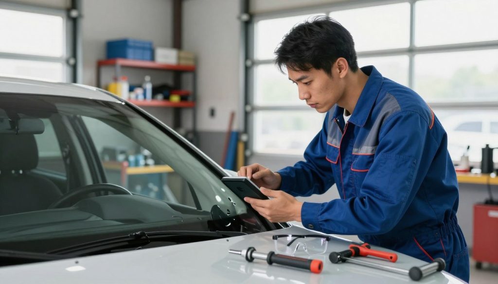 A mechanic in professional attire carefully examines a car with a broken side window in a well-lit garage setting. In the foreground, tools like a window removal tool and safety glasses are neatly arranged on a workbench. In the middle ground, the mechanic is using a digital device to assess the damage, casting focused expressions. The background features shelves stocked with various auto repair supplies and tools, evoking a sense of readiness and professionalism. Soft natural lighting from large garage windows illuminates the scene, creating a clean and safe atmosphere. The image should convey a mood of preparation and attention to detail, emphasizing the importance of readiness for car window repair.