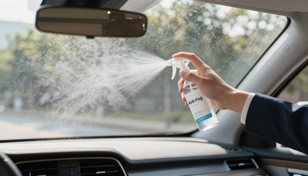 A minimalist car interior scene showcasing an anti-fog product being applied to a windshield. In the foreground, a hand in a professional business attire applies a spray bottle with a clear label marked "Anti-Fog". The middle ground features a close-up view of the windshield, which is completely clear, reflecting the soft glow of sunlight filtering through the car windows. In the background, the blurred outlines of trees outside hint at humid weather, enhancing the context of fog prevention. Soft, natural lighting creates a bright, optimistic atmosphere, emphasizing clarity and freshness within the vehicle. The focus should be sharp on the anti-fog application process, illustrating product use effectively while conveying a sense of safety and preparedness for driving in humid conditions. A minimalist car interior scene showcasing an anti-fog product being applied to a windshield. In the foreground, a hand in a professional business attire applies a spray bottle with a clear label marked "Anti-Fog". The middle ground features a close-up view of the windshield, which is completely clear, reflecting the soft glow of sunlight filtering through the car windows. In the background, the blurred outlines of trees outside hint at humid weather, enhancing the context of fog prevention. Soft, natural lighting creates a bright, optimistic atmosphere, emphasizing clarity and freshness within the vehicle. The focus should be sharp on the anti-fog application process, illustrating product use effectively while conveying a sense of safety and preparedness for driving in humid conditions.