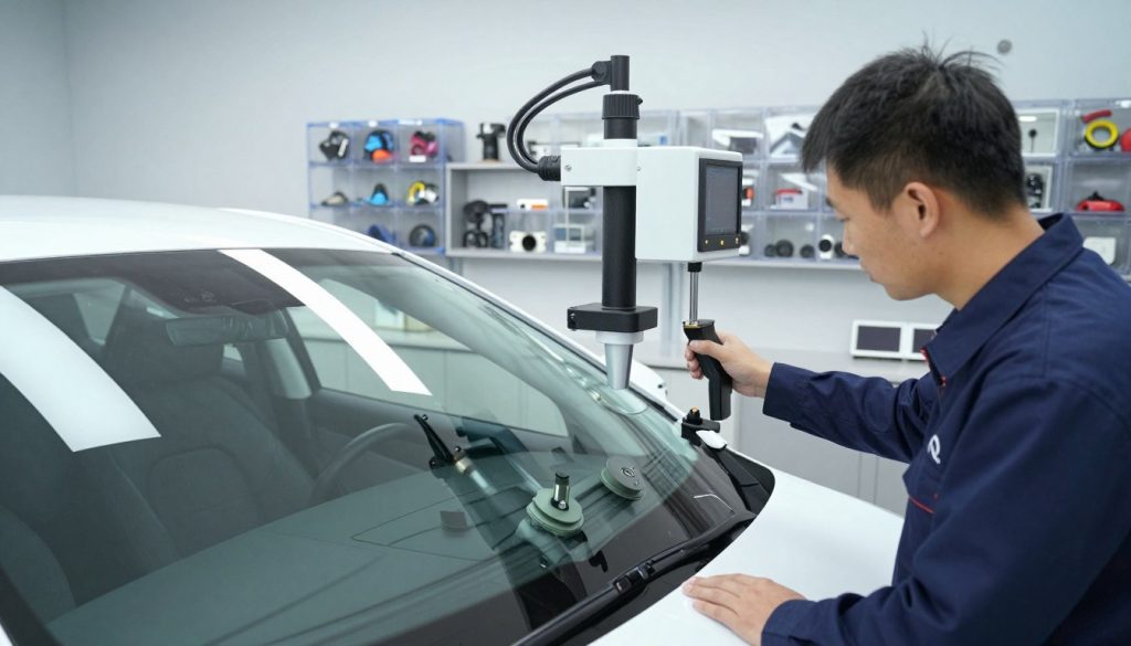 A modern auto glass shop interior showcasing Advanced Driver Assistance Systems (ADAS) calibration technology. In the foreground, a technician in professional attire examines a vehicle's windshield using advanced calibration equipment, focusing on high-tech sensors and tools. The middle ground features a sleek car on a diagnostic platform, illuminated by bright LED lights, emphasizing precision and safety. In the background, clear storage cases filled with automotive parts are organized neatly, enhancing the shop's professionalism. The atmosphere is one of innovation and attention to detail, with a crisp, clean environment that highlights the importance of vehicle safety. The image should capture a dynamic angle, showcasing both the technician's concentration and the intricate technology involved in ADAS calibration. A modern auto glass shop interior showcasing Advanced Driver Assistance Systems (ADAS) calibration technology. In the foreground, a technician in professional attire examines a vehicle's windshield using advanced calibration equipment, focusing on high-tech sensors and tools. The middle ground features a sleek car on a diagnostic platform, illuminated by bright LED lights, emphasizing precision and safety. In the background, clear storage cases filled with automotive parts are organized neatly, enhancing the shop's professionalism. The atmosphere is one of innovation and attention to detail, with a crisp, clean environment that highlights the importance of vehicle safety. The image should capture a dynamic angle, showcasing both the technician's concentration and the intricate technology involved in ADAS calibration.