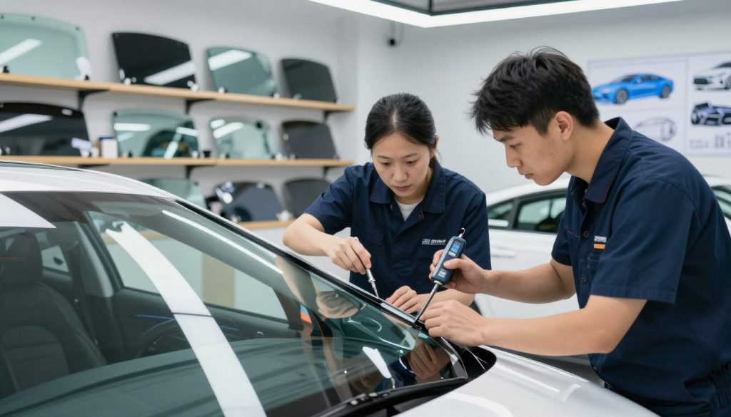 A modern, sophisticated auto glass repair shop interior, showcasing trusted auto glass experts engaged in advanced repair techniques. In the foreground, two technicians in professional business attire are carefully examining a high-tech vehicle's windshield with precision tools; one is using a digital measuring device while the other inspects a glass panel under bright, focused work lights. In the middle, shelves lined with various types of auto glass and state-of-the-art equipment hint at innovation and expertise. The background subtly features a clean, well-organized workspace with blueprints and diagrams of future automotive glass technologies on the walls. The lighting is bright and clear, creating an atmosphere of professionalism and trust. Use a slightly angled viewpoint to showcase the depth and activity within the space, evoking confidence in quality repairs.