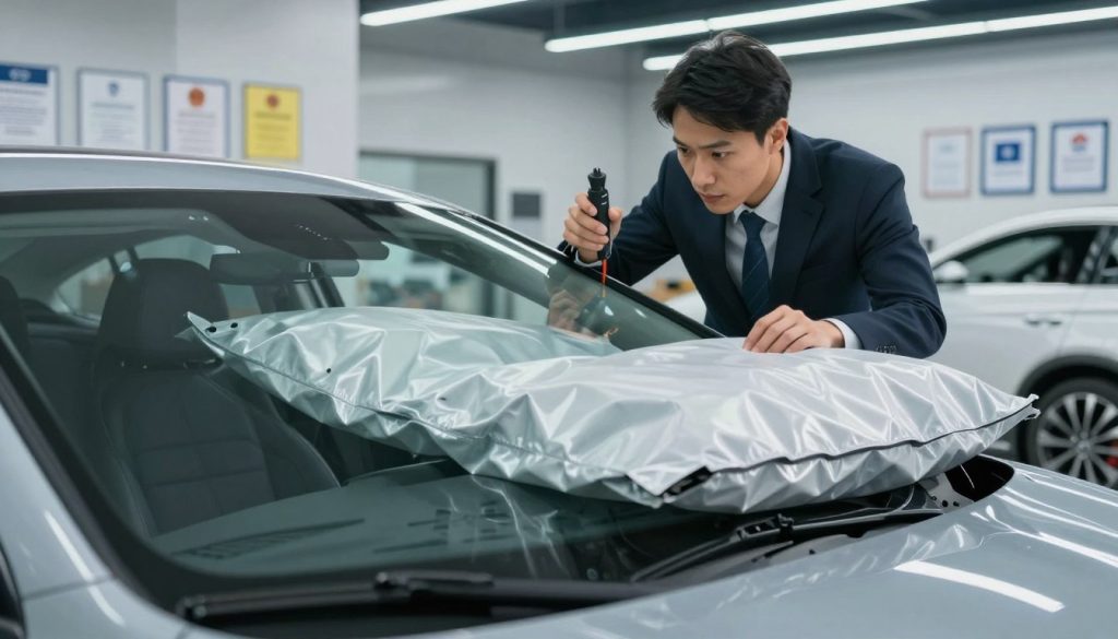 A modern vehicle interior post-crash, showcasing a damaged windshield and deployed airbags, emphasizing the importance of proper windshield installation for airbag function. In the foreground, a clear view of the crumpled dashboard and inflated airbags in vivid detail, demonstrating their role in protecting passengers. In the middle ground, a professional technician in a business suit inspects the windshield, using high-tech tools to assess safety compliance, symbolizing industry standards. The background features a well-lit automotive repair shop, with various safety certifications displayed on the walls. Soft, diffused lighting creates a serious and informative atmosphere, while a shallow depth of field focuses on the technician and the damaged windshield, highlighting the critical connection between installation and safety.