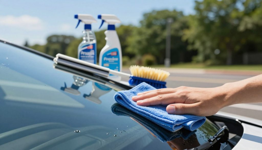 A pristine automotive windshield being treated with a care product, showcasing a close-up view of a microfiber cloth gently applying the solution in the foreground. The middle ground features an array of car care items: a bottle of protective spray, a squeegee, and a soft brush, all suggesting meticulous maintenance. In the background, a scenic drive under a clear blue sky with lush green trees subtly hints at weather conditions. The lighting is bright and natural, highlighting the sparkle of the windshield and the sheen of the car care products, creating a mood of cleanliness and attention to vehicle upkeep. Capture this with a shallow depth of field to emphasize the windshield while softly blurring the background, evoking a sense of freshness and care in automotive maintenance. A pristine automotive windshield being treated with a care product, showcasing a close-up view of a microfiber cloth gently applying the solution in the foreground. The middle ground features an array of car care items: a bottle of protective spray, a squeegee, and a soft brush, all suggesting meticulous maintenance. In the background, a scenic drive under a clear blue sky with lush green trees subtly hints at weather conditions. The lighting is bright and natural, highlighting the sparkle of the windshield and the sheen of the car care products, creating a mood of cleanliness and attention to vehicle upkeep. Capture this with a shallow depth of field to emphasize the windshield while softly blurring the background, evoking a sense of freshness and care in automotive maintenance.