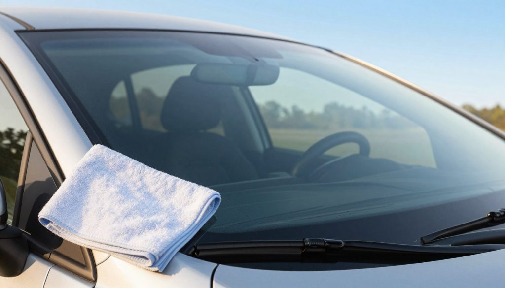 A pristine, streak-free windshield glistens in the soft morning light, showcasing its perfectly clear glass surface. In the foreground, a microfiber cloth hangs gracefully over the edge of the windshield, highlighting the cleaning process. The middle section features a dynamic angle of the windshield with reflections of a well-maintained car and scenic trees in the background, emphasizing clarity and visibility. The background captures a bright blue sky, enhancing the mood of freshness and cleanliness. The lighting is natural and warm, casting gentle highlights that accentuate the smoothness of the glass. The overall atmosphere evokes a sense of satisfaction from achieving a flawless clean, while subtly illustrating the importance of proper windshield care without distractions.