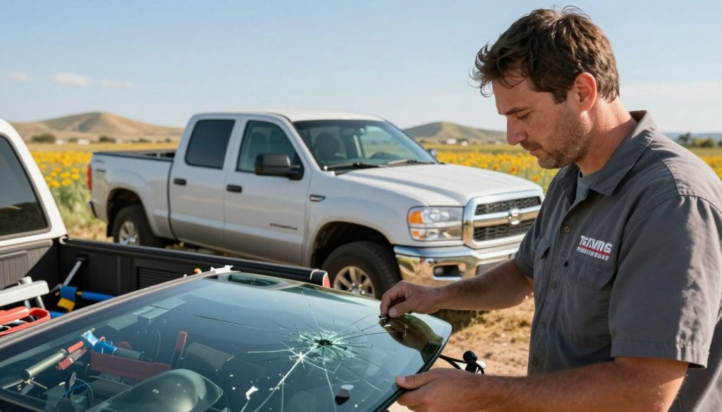 A professional auto glass repair technician, wearing a branded uniform, stands in front of a Texas landscape with an open truck filled with windshield replacement tools. The foreground features a close-up of the technician examining a damaged windshield, showcasing cracks and chips. In the middle ground, a pickup truck with a broken windshield is parked, surrounded by Texas wildflowers under a clear blue sky. The background includes rolling hills typical of the Texas terrain. Soft, natural lighting highlights the details, creating a warm and optimistic atmosphere. The angle is focused slightly above eye level, drawing attention to the technician's careful inspection of the glass, symbolizing the repair process. A professional auto glass repair technician, wearing a branded uniform, stands in front of a Texas landscape with an open truck filled with windshield replacement tools. The foreground features a close-up of the technician examining a damaged windshield, showcasing cracks and chips. In the middle ground, a pickup truck with a broken windshield is parked, surrounded by Texas wildflowers under a clear blue sky. The background includes rolling hills typical of the Texas terrain. Soft, natural lighting highlights the details, creating a warm and optimistic atmosphere. The angle is focused slightly above eye level, drawing attention to the technician's careful inspection of the glass, symbolizing the repair process.