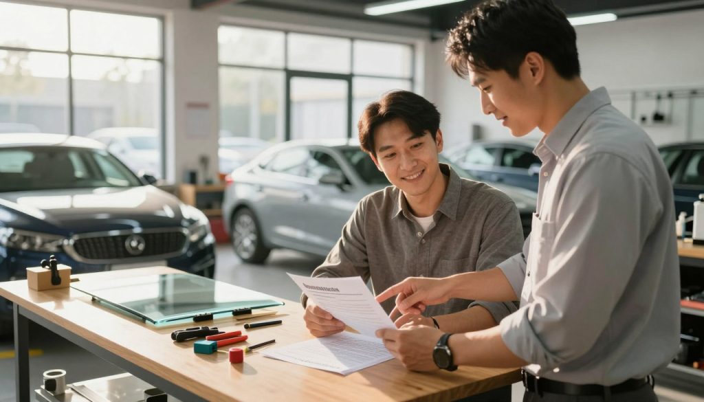A professional auto glass shop environment showcasing customer satisfaction. In the foreground, a friendly shop employee in business attire assists a smiling customer, pointing at paperwork regarding an insurance claim. The customer appears relieved and confident. In the middle, a workbench cluttered with tools and auto glass reflects the efficient workspace. The background features large windows letting in warm, natural light, brightening the clean, organized interior. A few well-maintained cars, with sparkling glass, are visible. The atmosphere is calm and welcoming, suggesting thoughtful and attentive service, with a focus on the humane interaction conveying care and efficiency in handling claims. Soft shadows enhance the warmth of the scene. A professional auto glass shop environment showcasing customer satisfaction. In the foreground, a friendly shop employee in business attire assists a smiling customer, pointing at paperwork regarding an insurance claim. The customer appears relieved and confident. In the middle, a workbench cluttered with tools and auto glass reflects the efficient workspace. The background features large windows letting in warm, natural light, brightening the clean, organized interior. A few well-maintained cars, with sparkling glass, are visible. The atmosphere is calm and welcoming, suggesting thoughtful and attentive service, with a focus on the humane interaction conveying care and efficiency in handling claims. Soft shadows enhance the warmth of the scene.