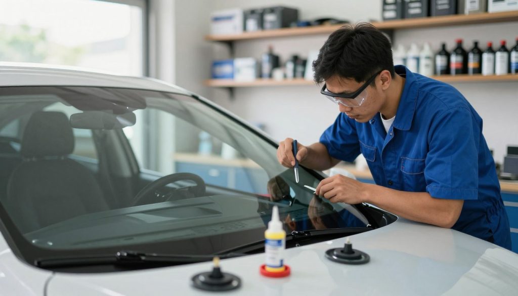 A professional auto glass technician in a clean, well-lit workshop is carefully replacing a windshield on a modern car. The technician is wearing a blue shirt and safety goggles, showcasing precision in their work. In the foreground, tools like suction cups and sealant can be seen, highlighting the meticulous nature of the job. The midground features the partially installed windshield, emphasizing its importance for vehicle safety and airbag performance. The background reveals shelves stocked with various auto glass types, suggesting expertise and readiness. Soft, natural lighting streams in from a window, creating a sense of trust and professionalism, while the overall atmosphere conveys a strong commitment to safety and quality in windshield installation.