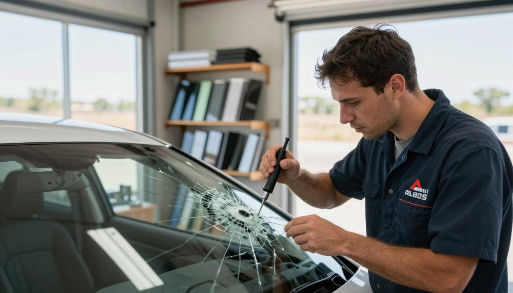A professional auto glass technician in a clean workshop, inspecting a cracked windshield under bright, natural lighting. The technician, dressed in neat work attire with a logo of an auto glass company, uses specialized tools while focusing intently on the damaged area. In the middle ground, shelves stocked with various auto glass types and protective films are visible, hinting at the range of services offered. The background features large windows that provide ample sunlight and a clear view of the Texas landscape outside, illustrating the harsh heat. The overall atmosphere is one of professionalism and expertise, emphasizing the importance of protecting auto glass from extreme weather conditions. The angle captures the technician's concentration and the intricate details of the equipment, creating an engaging and informative scene. A professional auto glass technician in a clean workshop, inspecting a cracked windshield under bright, natural lighting. The technician, dressed in neat work attire with a logo of an auto glass company, uses specialized tools while focusing intently on the damaged area. In the middle ground, shelves stocked with various auto glass types and protective films are visible, hinting at the range of services offered. The background features large windows that provide ample sunlight and a clear view of the Texas landscape outside, illustrating the harsh heat. The overall atmosphere is one of professionalism and expertise, emphasizing the importance of protecting auto glass from extreme weather conditions. The angle captures the technician's concentration and the intricate details of the equipment, creating an engaging and informative scene.