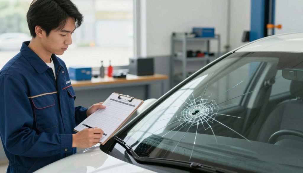 A professional auto technician in a smart uniform, standing next to a car with a cracked windshield, holding a scheduling calendar or clipboard in hand. The foreground features the technician on the left side, with a focused expression, encouraging the viewer to think about appointment scheduling. In the middle, the damaged windshield is clearly visible, showcasing multiple long cracks. The background contains a clean, well-lit auto repair shop with tools and equipment organized neatly, reflecting a professional environment. Natural daylight streams in through a window, creating a bright and inviting atmosphere. The image has a slightly shallow depth of field, emphasizing the technician and windshield while softly blurring the background, conveying a sense of urgency and professionalism. A professional auto technician in a smart uniform, standing next to a car with a cracked windshield, holding a scheduling calendar or clipboard in hand. The foreground features the technician on the left side, with a focused expression, encouraging the viewer to think about appointment scheduling. In the middle, the damaged windshield is clearly visible, showcasing multiple long cracks. The background contains a clean, well-lit auto repair shop with tools and equipment organized neatly, reflecting a professional environment. Natural daylight streams in through a window, creating a bright and inviting atmosphere. The image has a slightly shallow depth of field, emphasizing the technician and windshield while softly blurring the background, conveying a sense of urgency and professionalism.
