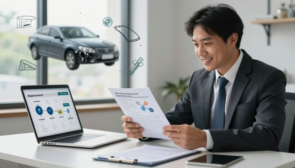 A professional insurance agent sits at a sleek, modern desk, reviewing a document with diagrams and policy details related to windshield replacement coverage. In the foreground, a laptop displays a detailed infographic of the replacement timeline, clearly showing steps like assessment, paperwork, and installation. The agent, dressed in formal business attire, appears focused and approachable, with a warm smile. In the middle ground, a large window allows natural light to filter in, illuminating the workspace and creating a welcoming atmosphere. In the background, an abstract representation of car repair, with elements like a windshield, tools, and diagrams floating seamlessly, conveys the connection to auto insurance. The overall mood is professional and informative, ideal for a consultation environment.