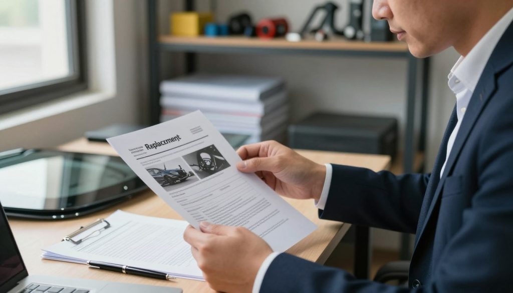 A professional office environment featuring a close-up of a person in business attire sitting at a desk, examining a document related to windshield replacement warranty claims. The foreground focuses on the document, clearly displaying images of a windshield, alongside neatly organized paperwork and a pen. In the middle ground, the person's thoughtful expression conveys focus and determination, illuminated by soft, natural lighting filtering through a nearby window. The background features shelves with automotive tools and industry manuals, enhancing the theme of professionalism and expertise. The atmosphere is calm and organized, reflecting trust and responsibility in the warranty process, with a lens angle to capture the depth of the workspace and an emphasis on clarity in the image.