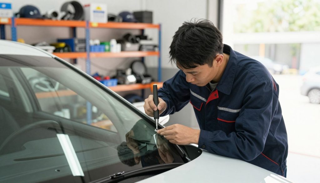 A professional technician in a neat uniform carefully repairing a back windshield of a modern car, focusing on the delicate glass area. The foreground features the technician using specialized tools, showcasing their precision and expertise. In the middle ground, the car is positioned near a bright, well-lit garage setting where various repair tools and equipment are neatly organized. The background depicts shelves filled with spare parts and automotive supplies, hinting at a professional service environment. Natural light filters through the garage, creating a warm and inviting atmosphere. The image conveys a sense of urgency and professionalism, emphasizing the importance of prompt windshield repairs for safety. A professional technician in a neat uniform carefully repairing a back windshield of a modern car, focusing on the delicate glass area. The foreground features the technician using specialized tools, showcasing their precision and expertise. In the middle ground, the car is positioned near a bright, well-lit garage setting where various repair tools and equipment are neatly organized. The background depicts shelves filled with spare parts and automotive supplies, hinting at a professional service environment. Natural light filters through the garage, creating a warm and inviting atmosphere. The image conveys a sense of urgency and professionalism, emphasizing the importance of prompt windshield repairs for safety.