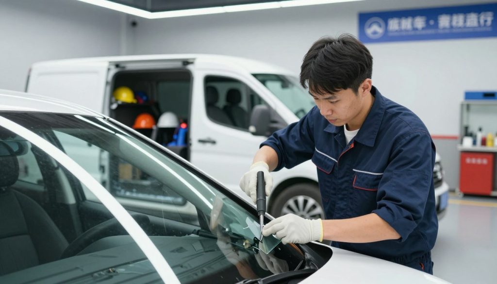 A professional windshield replacement service in action, showcasing a technician in a smart uniform working on a car with an emphasis on safety. In the foreground, the technician carefully removes the damaged windshield using specialized tools. In the middle ground, a well-organized service van is parked with equipment and safety gear visible, creating an atmosphere of professionalism. The background features a clean, modern auto shop with bright lighting and clear signage indicating their services. The lens is focused on the technician, creating a slight blur in the background to draw attention to the windshield replacement process. The overall mood is focused and efficient, conveying trust and expertise in automotive safety. A professional windshield replacement service in action, showcasing a technician in a smart uniform working on a car with an emphasis on safety. In the foreground, the technician carefully removes the damaged windshield using specialized tools. In the middle ground, a well-organized service van is parked with equipment and safety gear visible, creating an atmosphere of professionalism. The background features a clean, modern auto shop with bright lighting and clear signage indicating their services. The lens is focused on the technician, creating a slight blur in the background to draw attention to the windshield replacement process. The overall mood is focused and efficient, conveying trust and expertise in automotive safety.