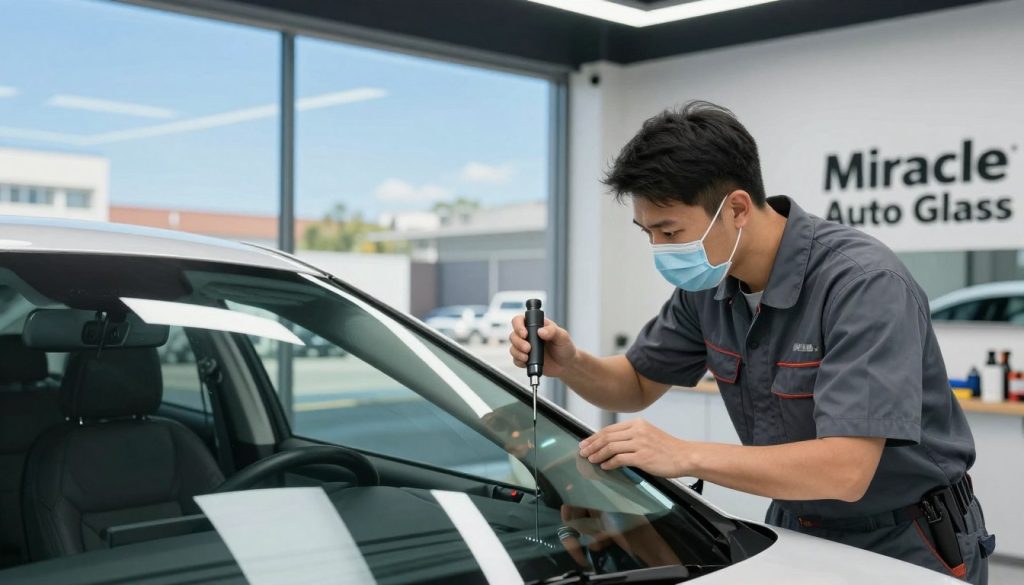 A professional windshield service setting at Miracle Auto Glass. In the foreground, a skilled technician in business attire carefully inspects a vehicle's windshield, using advanced tools to demonstrate expertise. The technician is focused and wearing a safety mask, highlighting professionalism and safety standards. In the middle, a sleek, modern auto glass installation bay with bright, natural lighting illuminating the workspace, showcasing neatly organized tools and materials. In the background, a large window reveals a clear blue sky, symbolizing transparency and clarity, accompanied by the exterior of the Miracle Auto Glass shop, emphasizing trust and reliability. The overall mood is one of professionalism, dedication, and customer service excellence, with a crisp and clean atmosphere. A professional windshield service setting at Miracle Auto Glass. In the foreground, a skilled technician in business attire carefully inspects a vehicle's windshield, using advanced tools to demonstrate expertise. The technician is focused and wearing a safety mask, highlighting professionalism and safety standards. In the middle, a sleek, modern auto glass installation bay with bright, natural lighting illuminating the workspace, showcasing neatly organized tools and materials. In the background, a large window reveals a clear blue sky, symbolizing transparency and clarity, accompanied by the exterior of the Miracle Auto Glass shop, emphasizing trust and reliability. The overall mood is one of professionalism, dedication, and customer service excellence, with a crisp and clean atmosphere.