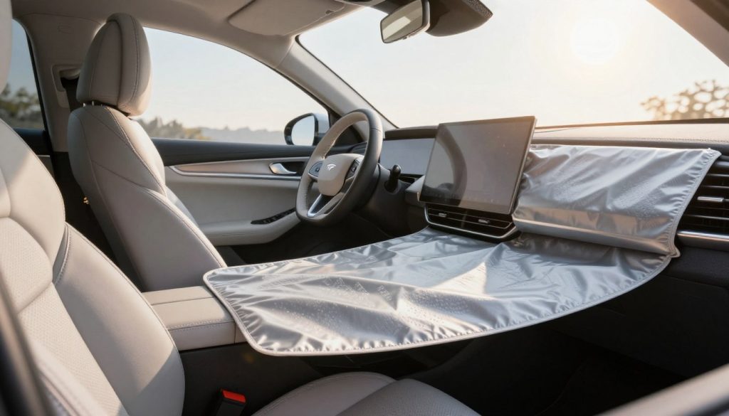 A sunlit car interior showcasing a sleek, modern dashboard with protective covers. In the foreground, a close-up of a high-quality dashboard protector made from UV-resistant material, featuring textured details that showcase its durability. In the middle, the luxurious seats with a subtle sheen reflecting sunlight, emphasizing cleanliness and care. The background includes a large windshield with the bright sun shining through, illustrating the harmful UV rays that can damage vehicle interiors. The overall atmosphere is warm and inviting, highlighting an organized, well-maintained vehicle. The image uses soft natural lighting, with a focus on clarity and detail, captured from a slightly elevated angle to provide a comprehensive view of the dashboard and its protective elements.